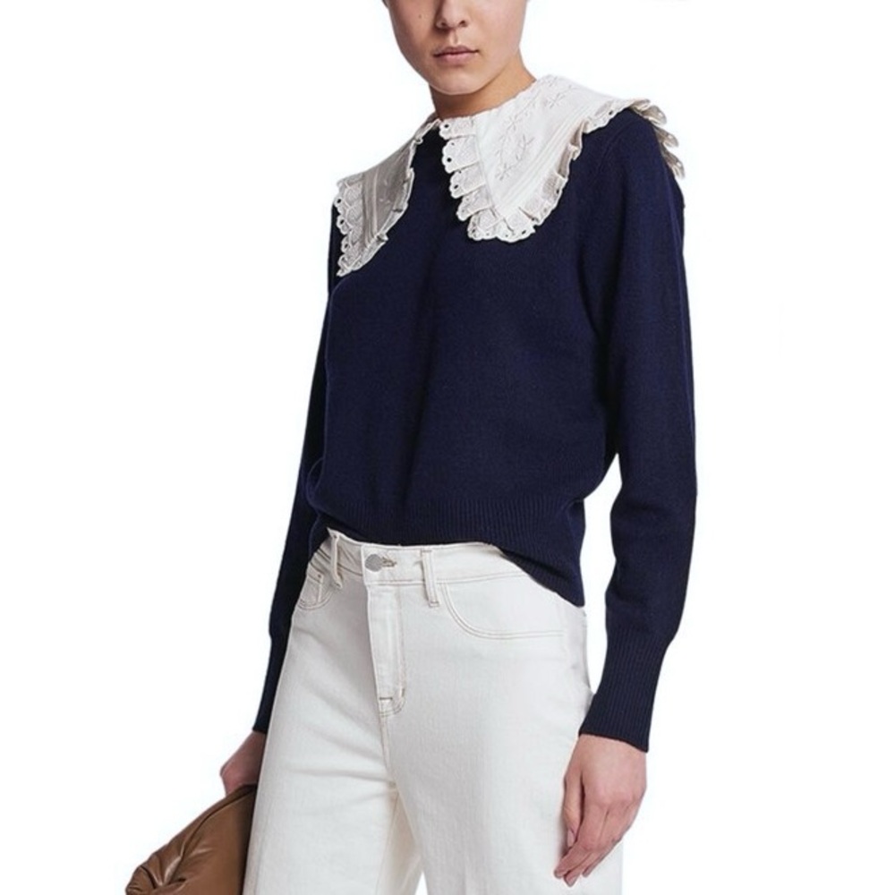 Sandro Sivane Navy Blue 100% Wool Pilgrim Broderie Trim Collar Sweater Size 2(S)